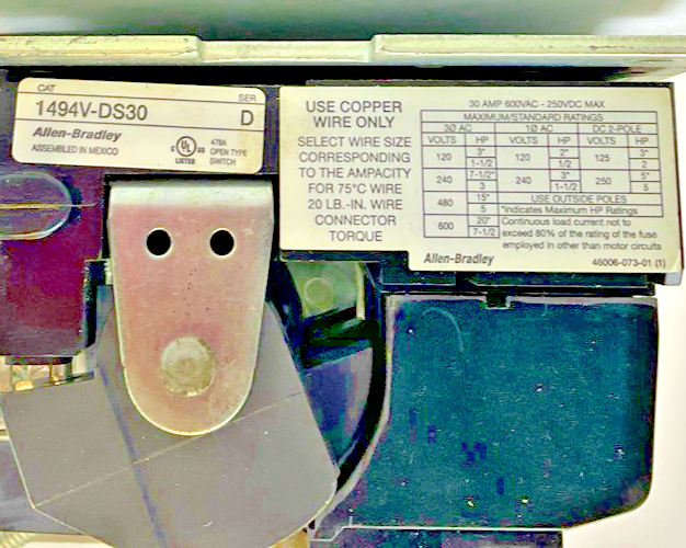 ALLEN BRADLEY 1494V-DS30 SER D DISCONNECT SWITCH 1494V-FS30 LONG HANDLE 12"
