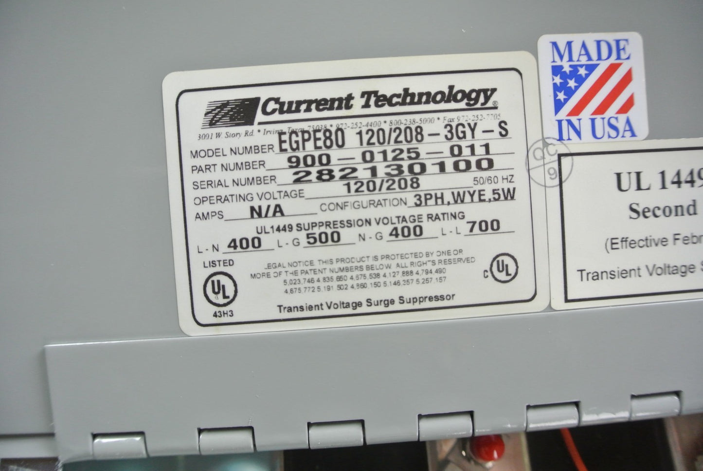 CURRENT TECHNOLOGY 900-0125-011 / EGPE80 PANELBOARD EXTENSION SUPPRESSION FILTER