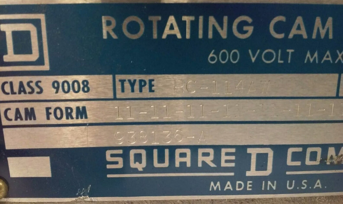 SQUARE D ROTATING CAM LIMIT SWITCH CLASS 9008, TYPE RC-114AW, SER. FOL-2, 600V