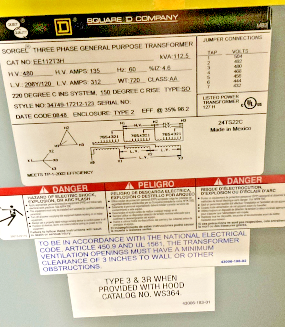 SQUARE D EE112T3H GENERAL PURPOSE TRANSFORMER 3PH 112.5KVA CLASS:AA TYPE:SO