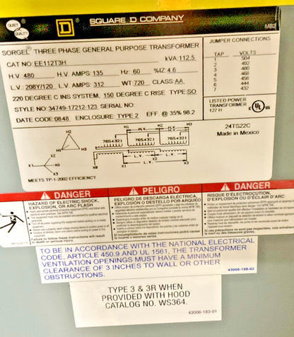 SQUARE D EE112T3H GENERAL PURPOSE TRANSFORMER 3PH 112.5KVA CLASS:AA TYPE:SO
