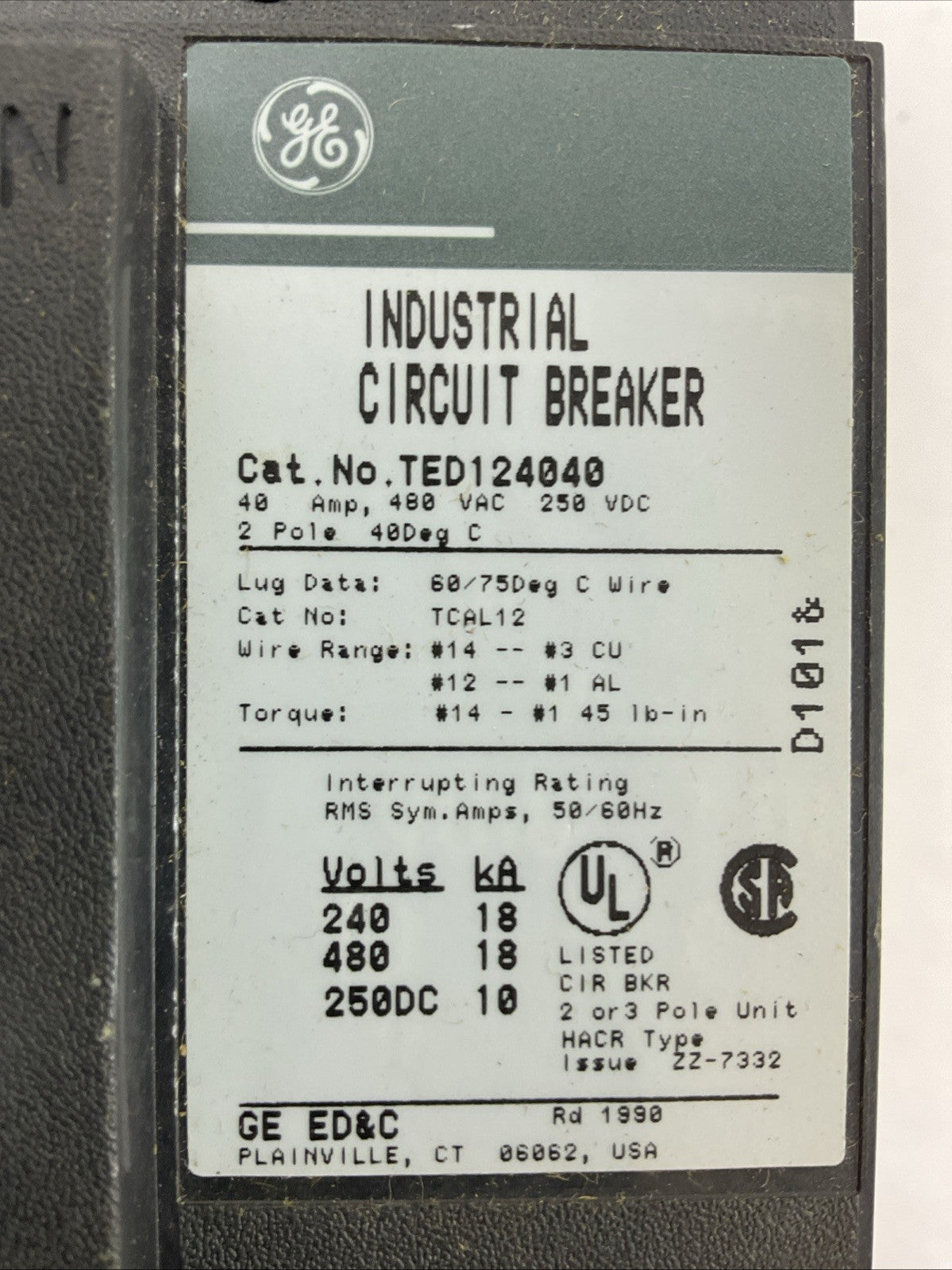 GE TED124040WL MOLDED CASE CIRCUIT BREAKER 40AMP 480VAC 250VDC 2POLE