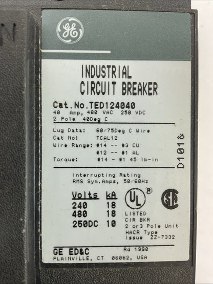 GE TED124040WL MOLDED CASE CIRCUIT BREAKER 40AMP 480VAC 250VDC 2POLE