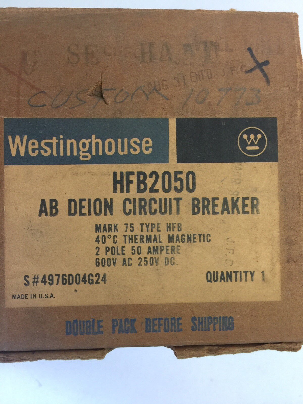 WESTINGHOUSE HFB2050 CIRCUIT BREAKER 50AMP 600VAC 250VDC 2POLE 4976D04G24