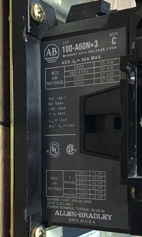 ALLEN BRADLEY 104-A60ND3 REVERSING CONTACTOR SER.C 60A 660V GD473 COIL 120V