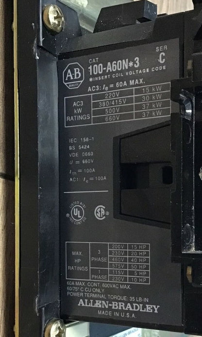 ALLEN BRADLEY 104-A60ND3 REVERSING CONTACTOR SER.C 60A 660V GD473 COIL 120V