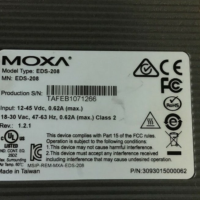MOXA EDS-208 ETHERNET SWITCH 45VDC 30VAC 63HZ CLASS2 REV: 1.2.1