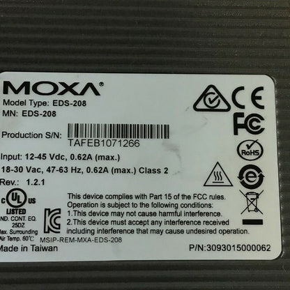 MOXA EDS-208 ETHERNET SWITCH 45VDC 30VAC 63HZ CLASS2 REV: 1.2.1