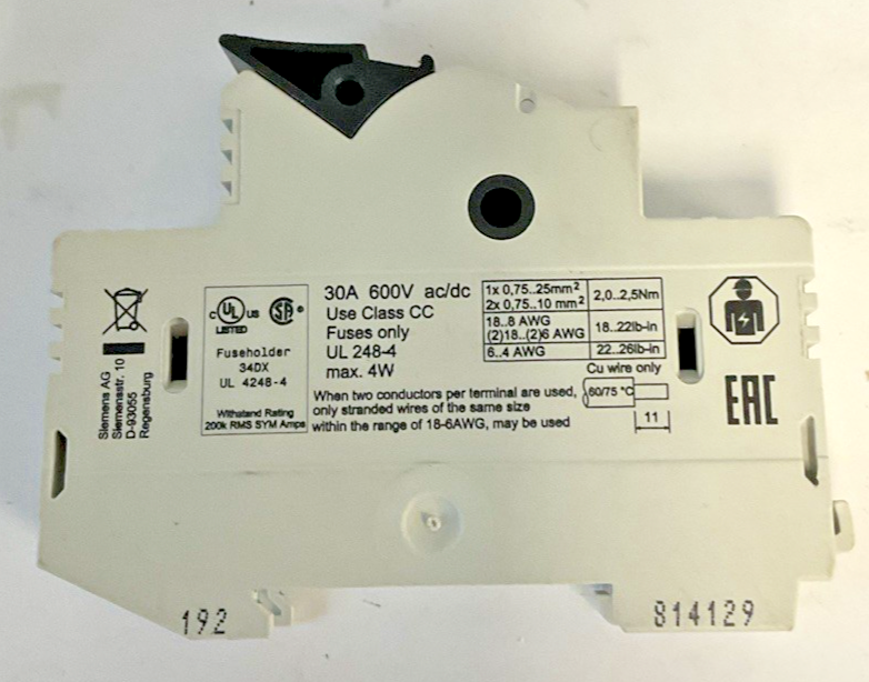 SIEMENS 3NW7 5130HG FUSE HOLDER 30A 600VAC/DC