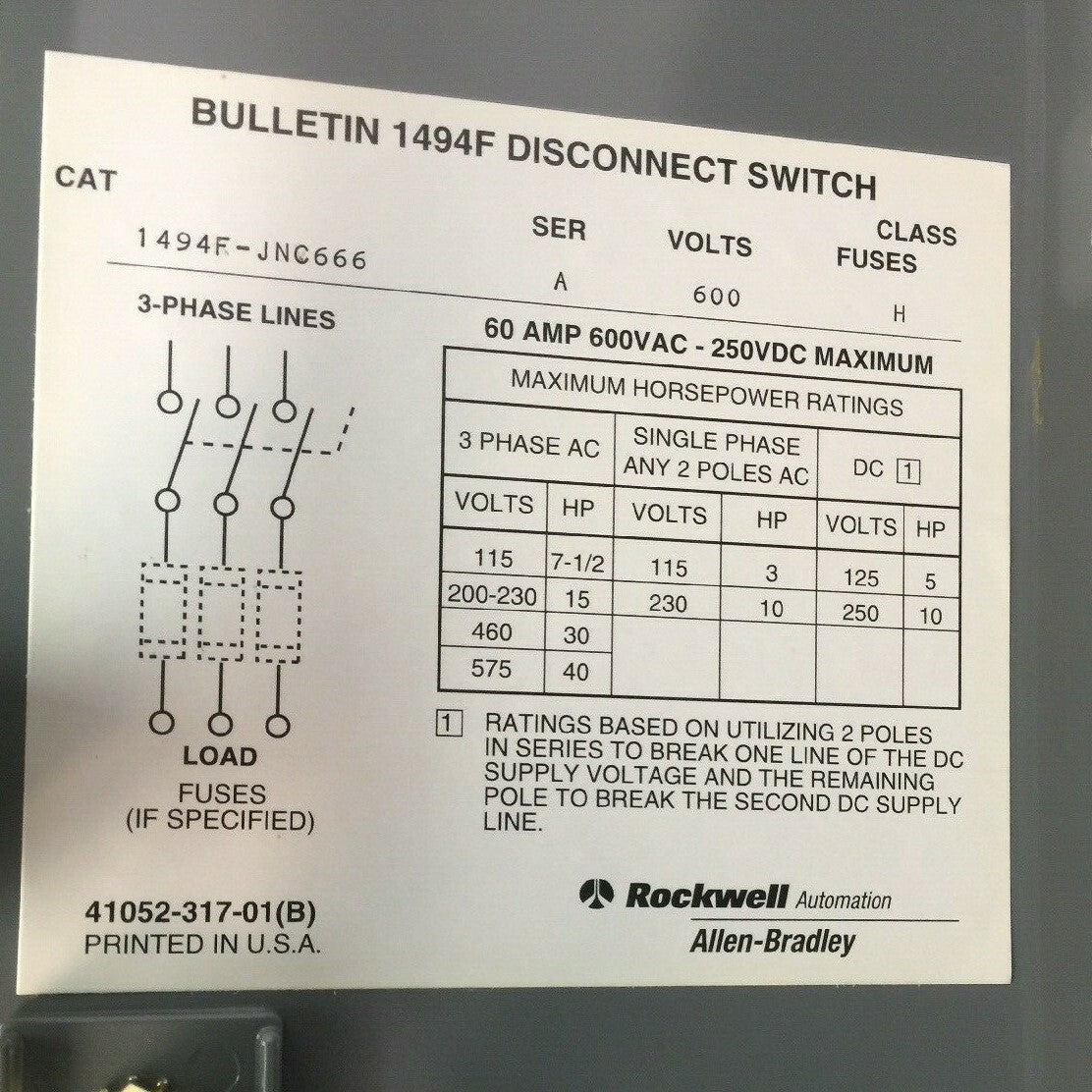 ALLEN BRADLEY 1494F-JNC666 DISCONNECT SWITCH 60 AMP 40HP 600VAC 250VDC FUSIBLE
