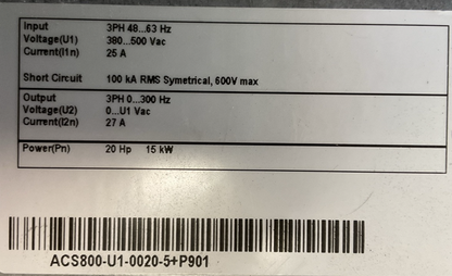 ABB ACS800-U1-0020-5+P901 AC DRIVE 20HP 15kW OUTPUT 3PH 0...300HZ 0...U1 VAC