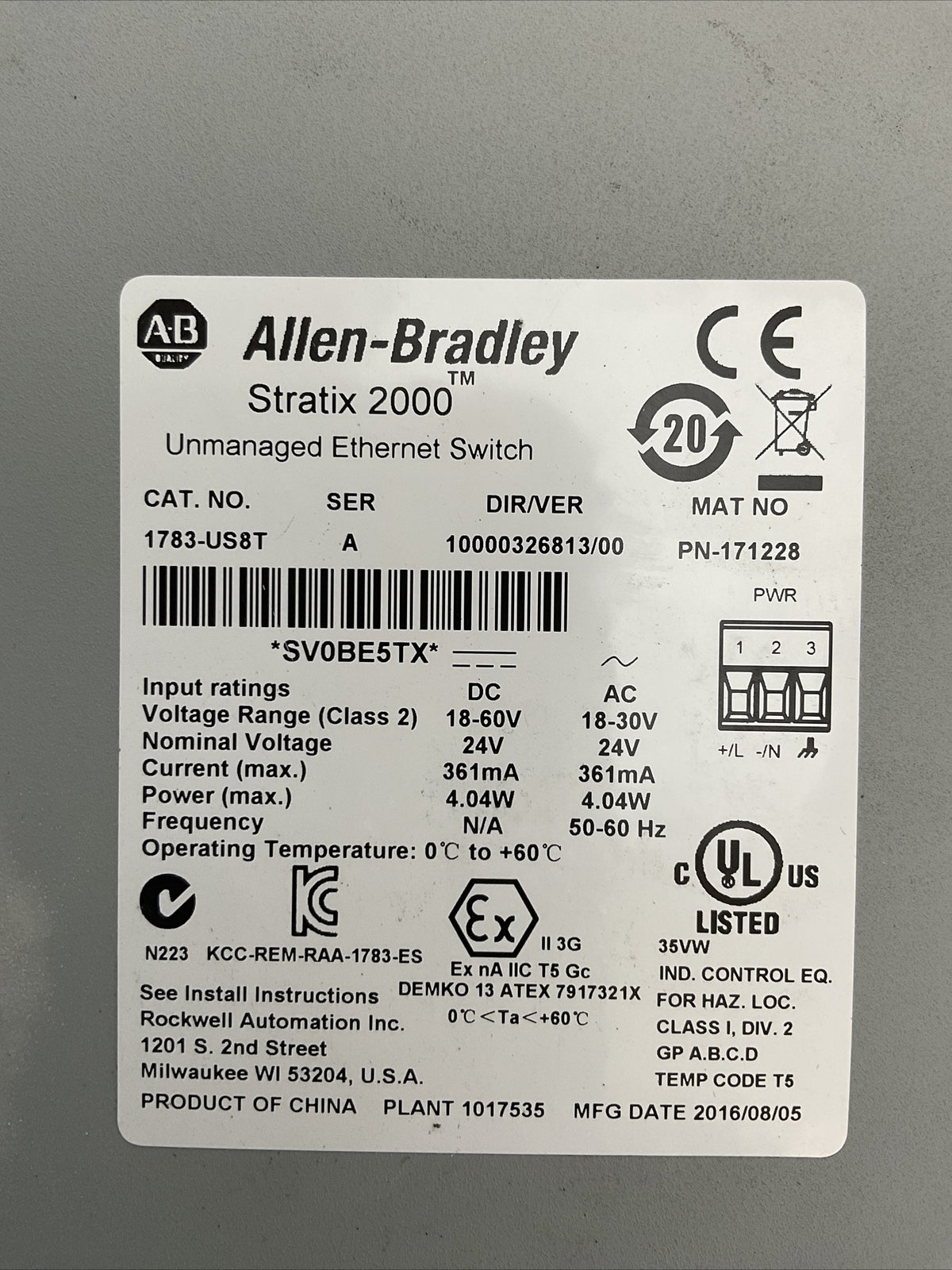 ALLEN BRADLEY 1783-US8T SER A DIR/VER 10000326813/00 UNMANAGED ETHERNET SWITCH