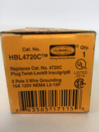 HUBBELL HBL4720C PLUG TWIST-LOCK INSULGRIP 2 POLE 15A 125V 3 WIRE GROUNDING