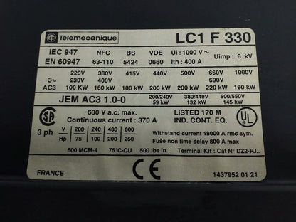 TELEMECANIQUE LC1F330 CONTACTOR, 3PH, 600V, 370A, 250HP, W/ 24V 40/400HZ  COIL