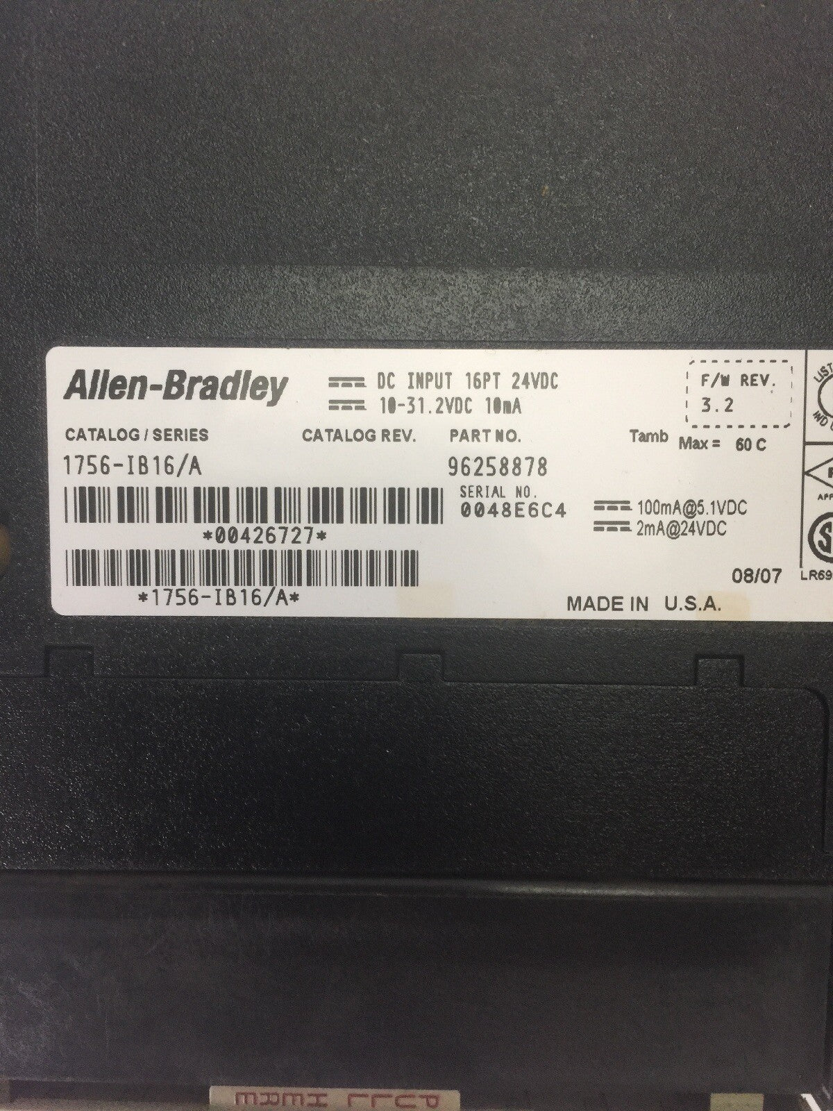 ALLEN BRADLEY 1756-IB16/A DC INPUT 16PT 24VDC SER A F/W REV. 3.2