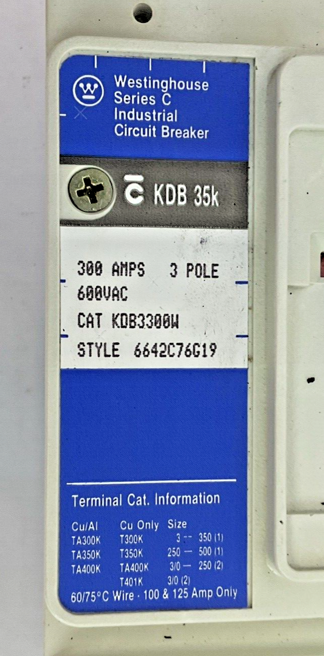 WESTINGHOUSE KDB3300W CIRCUIT BREAKER 600VAC 300A 3POLE KT3300T