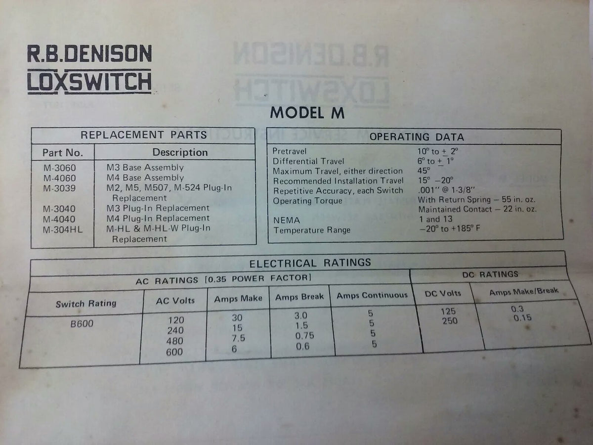 R.B.DENISON M4 SERIES D PRECISON LIMIT SWITCH, NEMA B600, 600V, 30A, MODEL M