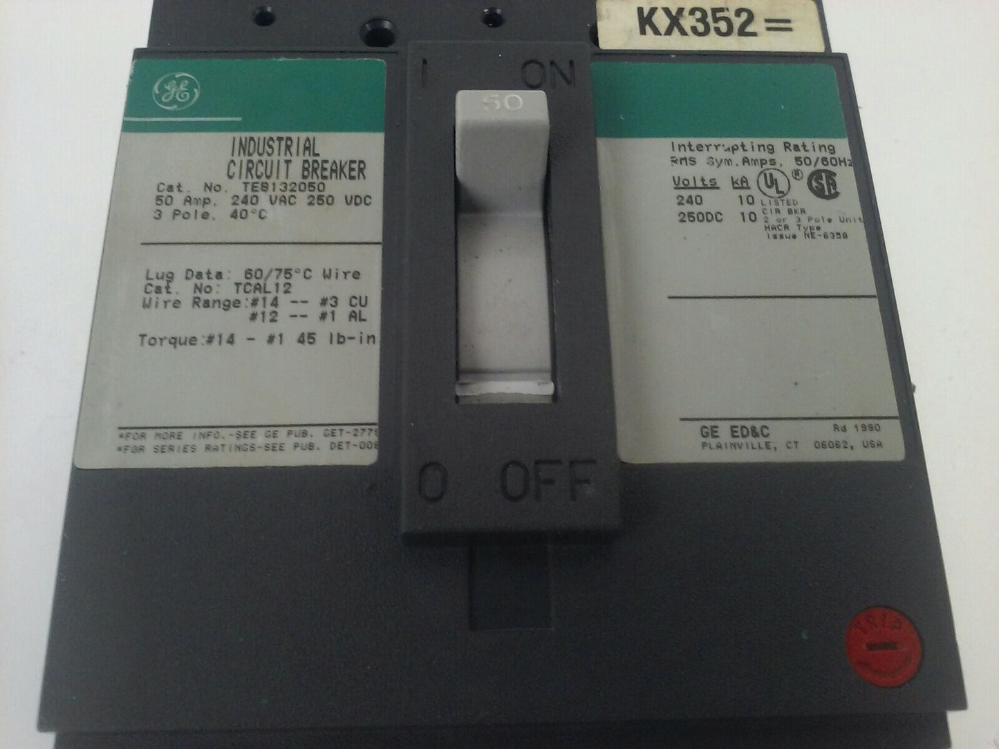 GENERAL ELECTRIC TEB132050 CIRCUIT BREAKER TRIP UNIT 3P 240V 50A 10Ka GREEN TAG