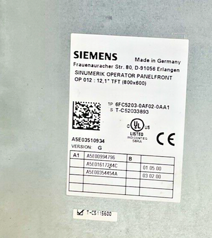SIEMENS 6FC5203-0AF02-0AA1 VER.G OPERATOR PANEL W/ 6FC5210-0DF31-2AB0 CPU VER.A