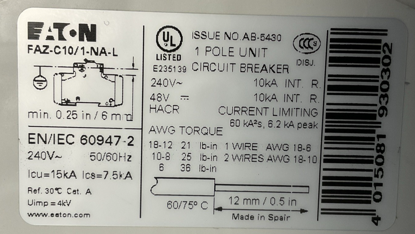 EATON FAZ-C10/1-NA-L CIRCUIT BREAKER 240VAC 10A 50/60HZ ***LOTOF3***