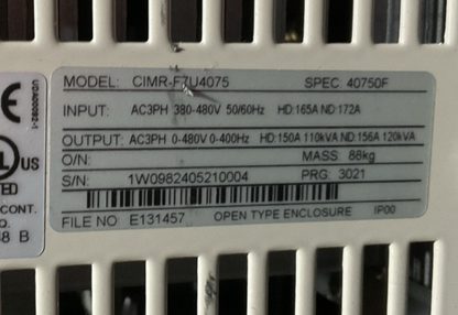 YASKAWA CIMR-F7U4075 AC DRIVE OUTPUT 3PH 0-480VAC HD 150A 110kVA ND 156A 120kVA