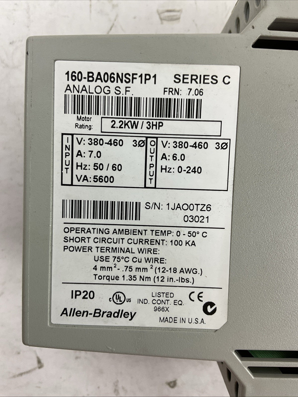 ALLEN BRADLEY 160-BA06NSF1P1 SER C FRN 7.06 2.2KW 3HP 380-460V CARIABLE SPEED DR