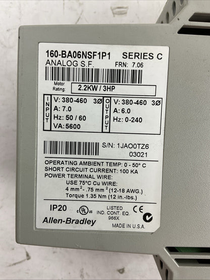 ALLEN BRADLEY 160-BA06NSF1P1 SER C FRN 7.06 2.2KW 3HP 380-460V CARIABLE SPEED DR