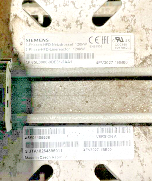 SIEMENS 6SL3000-0DE31-2AA1 HFD LINE REACTOR 120KW 4EV3027-1BB00