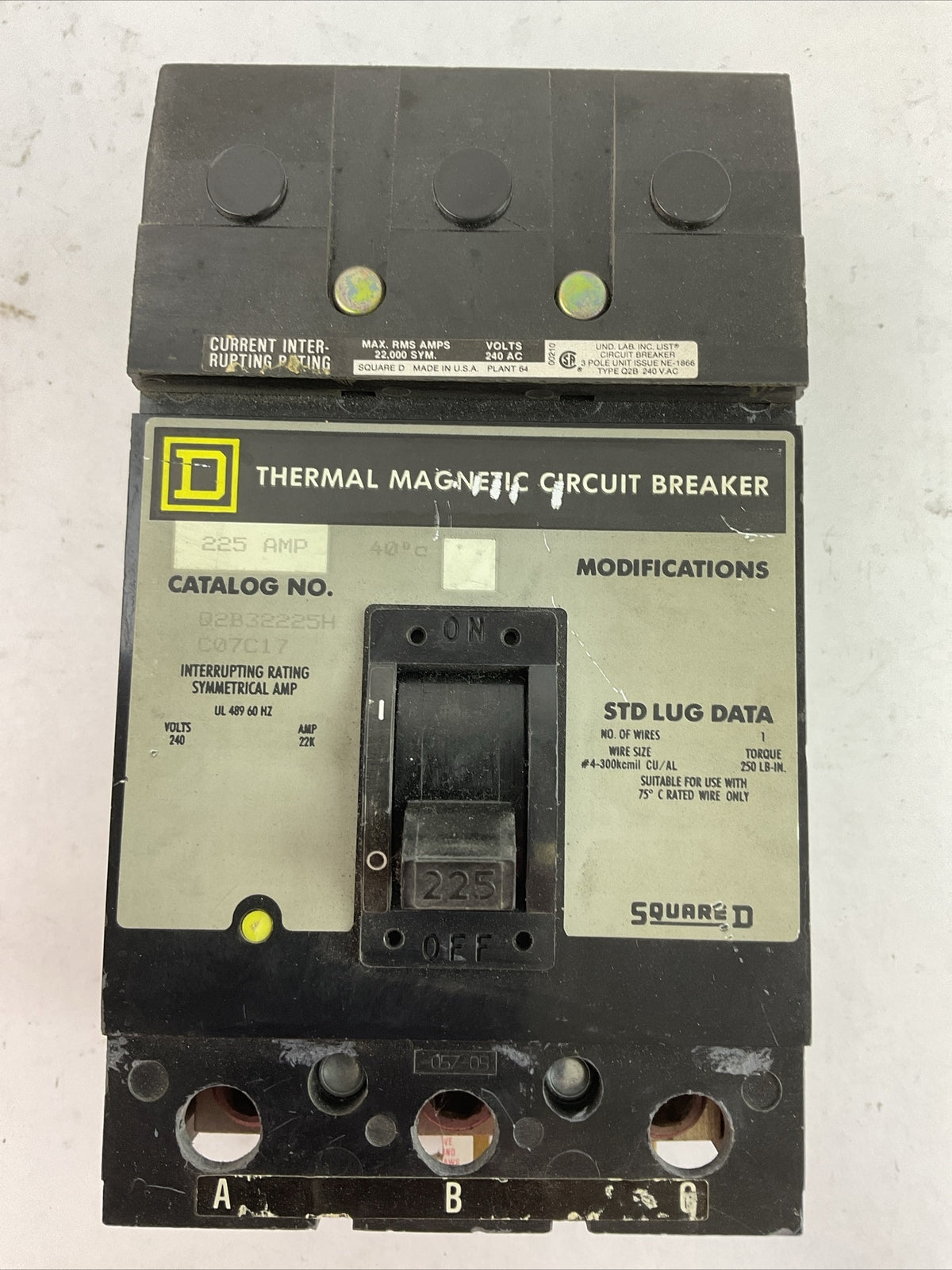 SQUARE D Q2B32225H CIRCUIT BREAKER 225AMP 3POLE 240VAC