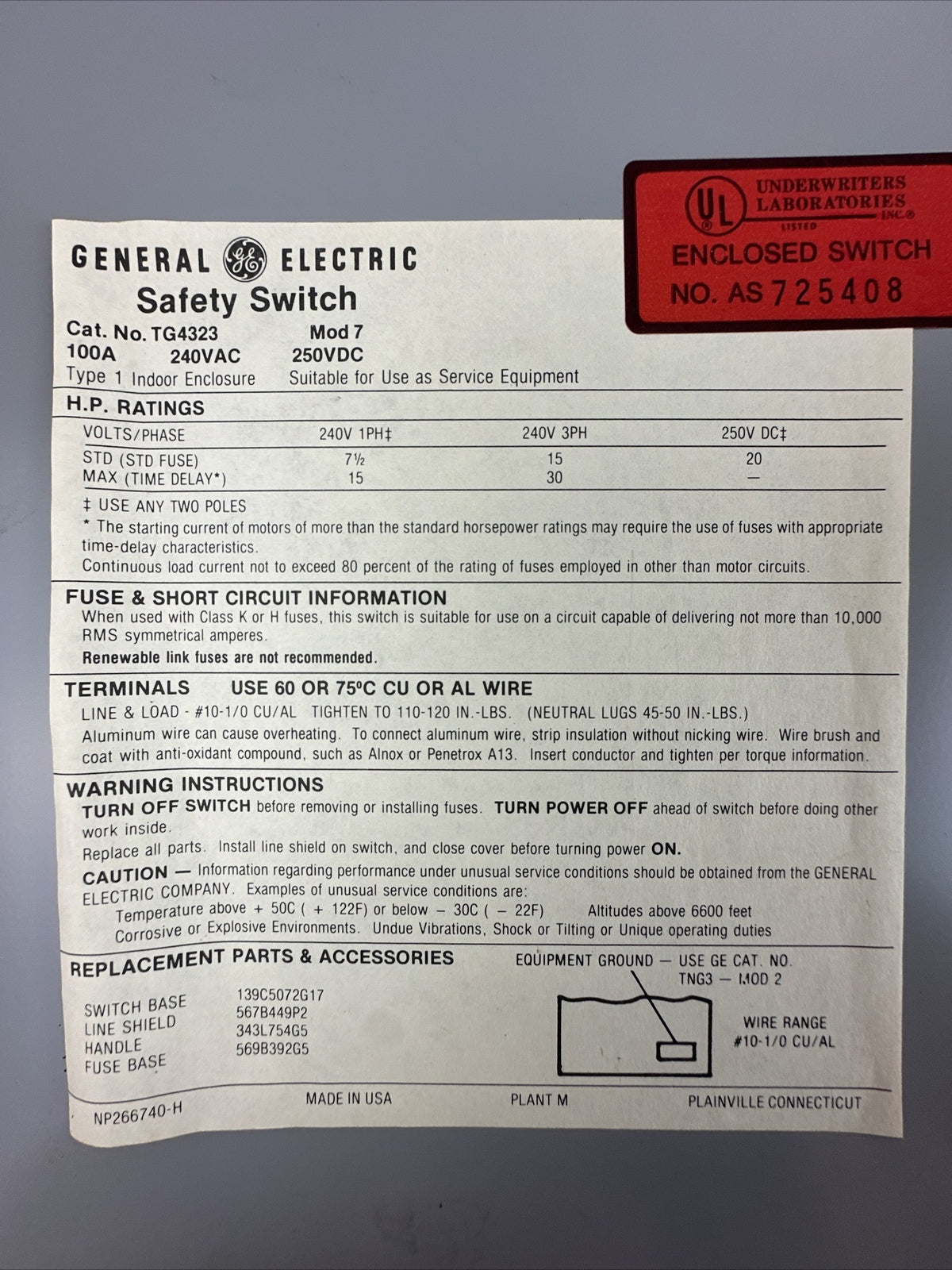 GE TG4323 FUSIBLE SAFETY SWITCH MOD 7 100A 240VAC 3PH 30HP 250VDC 20HP 3P TYPE 1