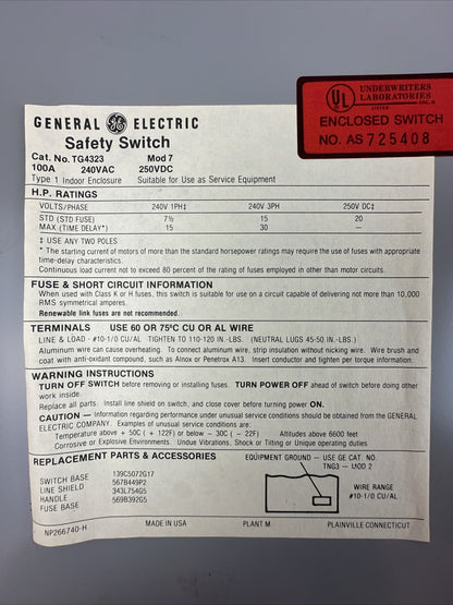 GE TG4323 FUSIBLE SAFETY SWITCH MOD 7 100A 240VAC 3PH 30HP 250VDC 20HP 3P TYPE 1