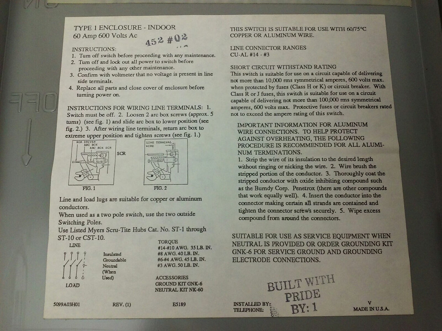 CHALLENGER HD362NFC, SAFETY SWITCH, TYPE 1 INDOOR, 60A, 600VAC/600DC, 3P, USED