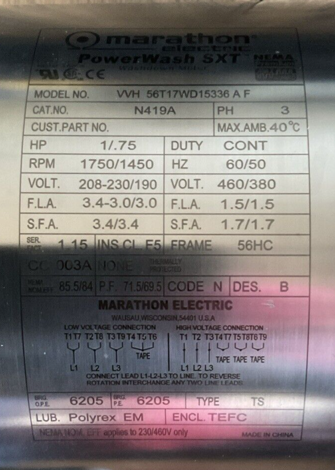 MARATHON VVH 56T17WD15336 A F POWER WASH SXT WASHDOWN MOTOR 3PH 1/.75HP N419A