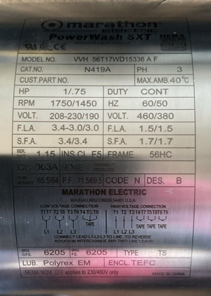 MARATHON VVH 56T17WD15336 A F POWER WASH SXT WASHDOWN MOTOR 3PH 1/.75HP N419A