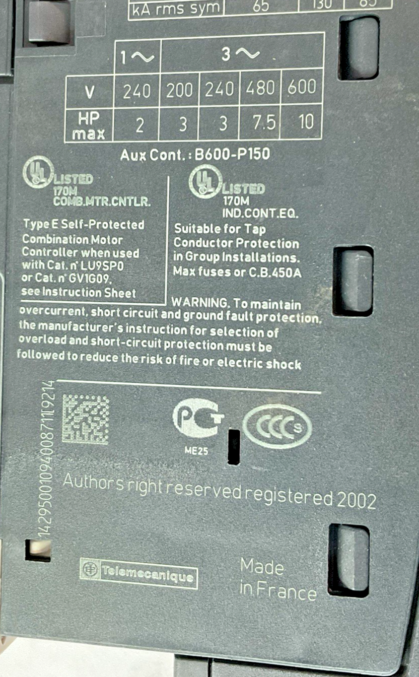 SCHNEIDER ELECTRIC LUCA05FU MANUAL MOTOR STARTER 240V CLASS10