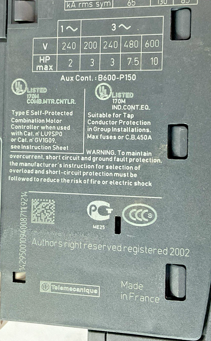 SCHNEIDER ELECTRIC LUCA05FU MANUAL MOTOR STARTER 240V CLASS10