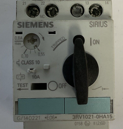 SIEMENS 3RV1021-0HA15 MOTOR STARTER 50/60HZ 600V 0.8-0.55A 6KV