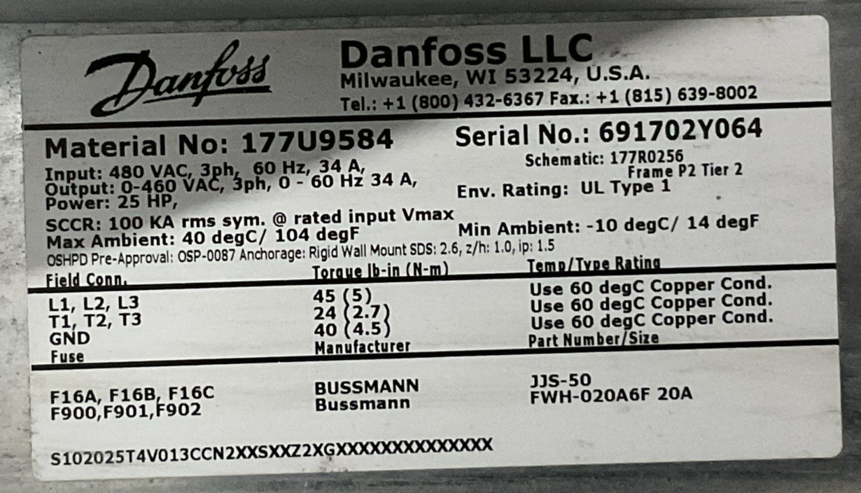 DANFOSS 177U9584 MOTOR AC DRIVE OUPUT 0-460VAC 3PH 0-60HZ 34A 25HP INPUT 480VAC