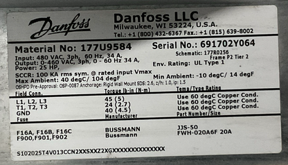 DANFOSS 177U9584 MOTOR AC DRIVE OUPUT 0-460VAC 3PH 0-60HZ 34A 25HP INPUT 480VAC