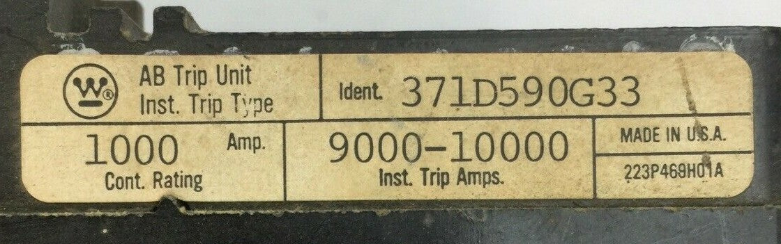 WESTINGHOUSE 371D590G33 AB TRIP UNIT 1000AMP INST TRIP 9000-10000AMP 3POLE