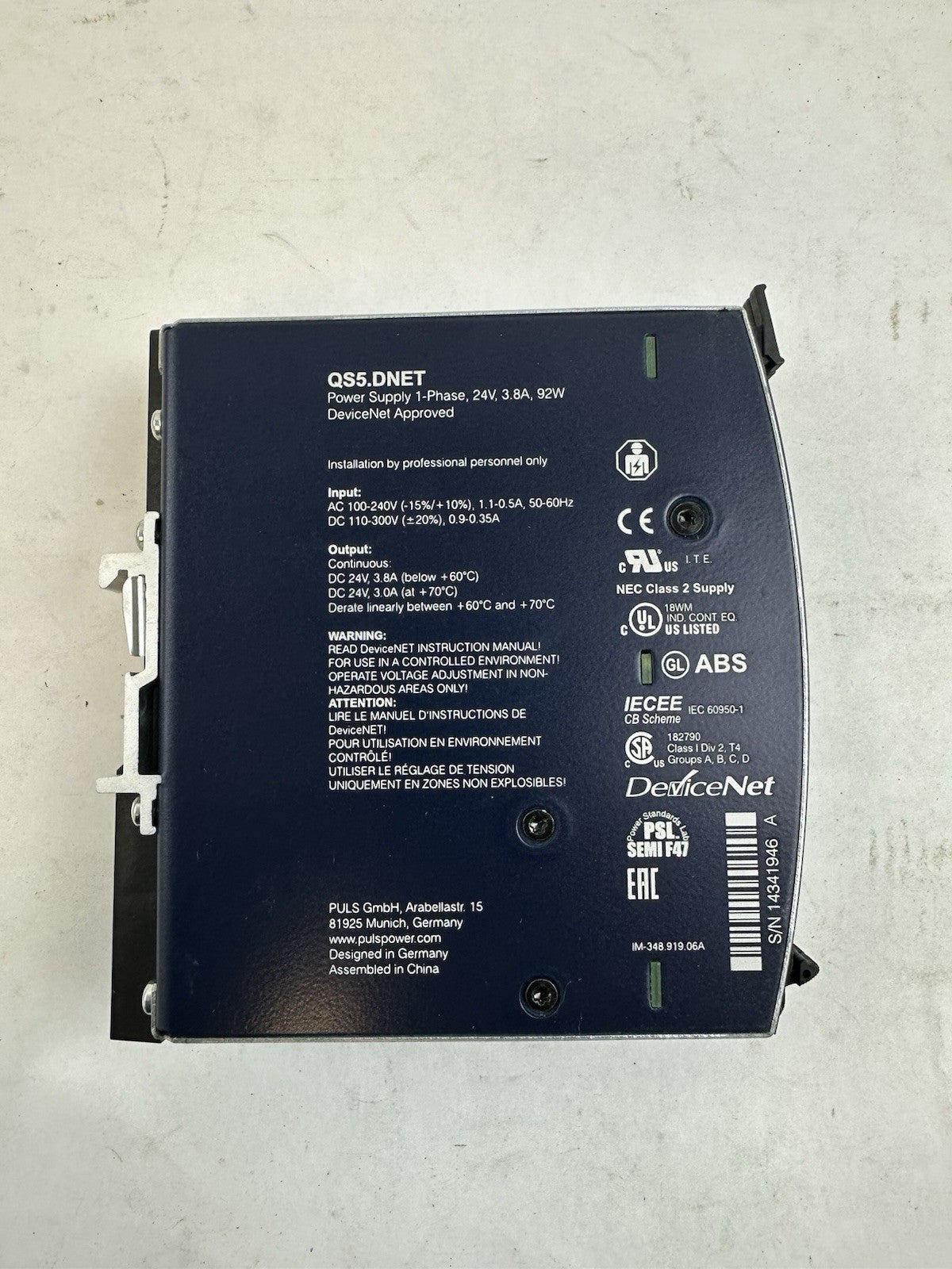 PULS DIMENSION QS5.DNET POWER SUPPLY 24VDC 3.8A 100-240V