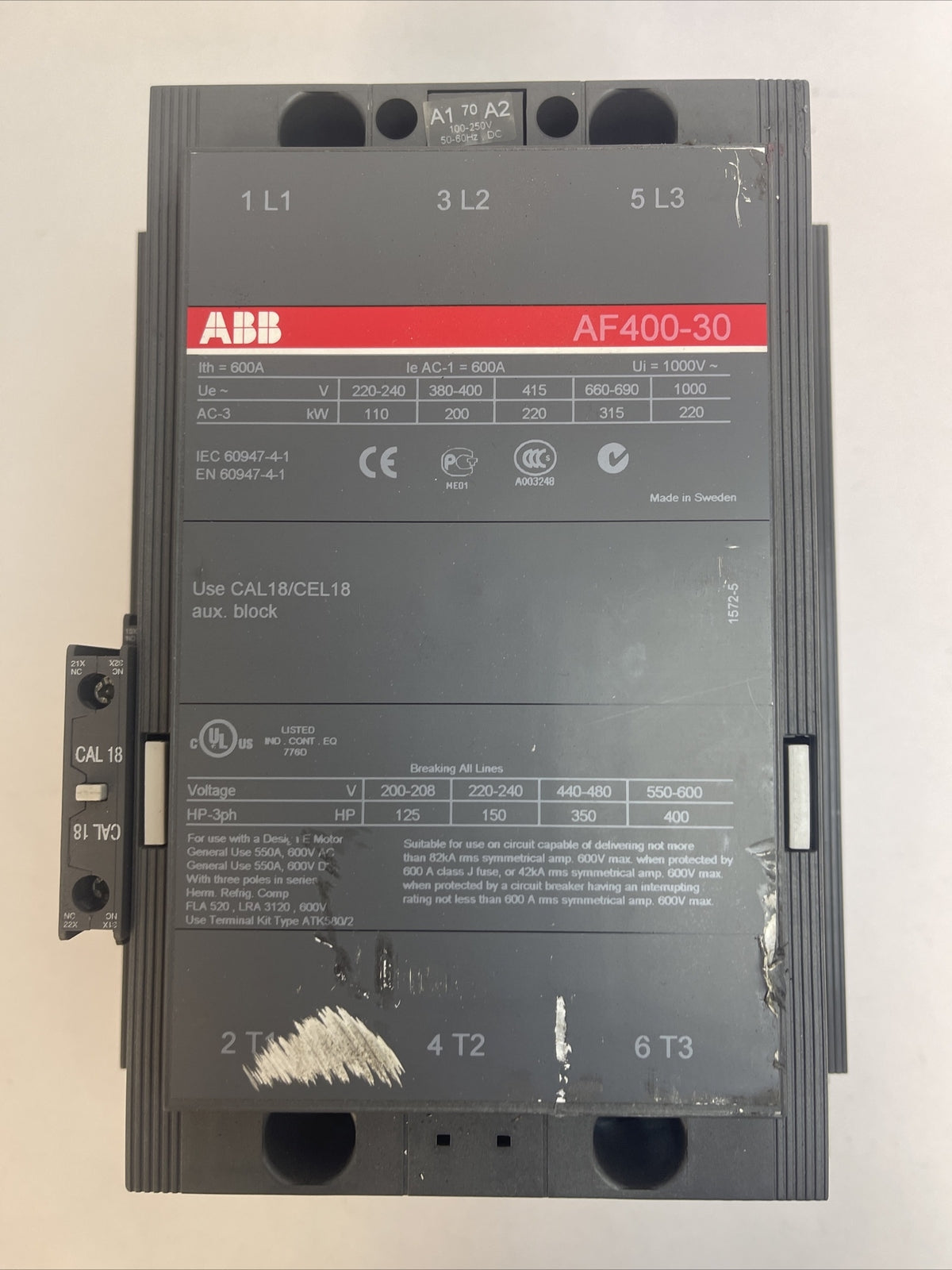 ABB AF400-30 CONTACTOR 600V 400HP 3PH 3POLE 550A COIL 100-250VDC