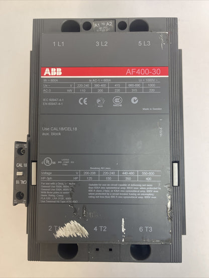 ABB AF400-30 CONTACTOR 600V 400HP 3PH 3POLE 550A COIL 100-250VDC