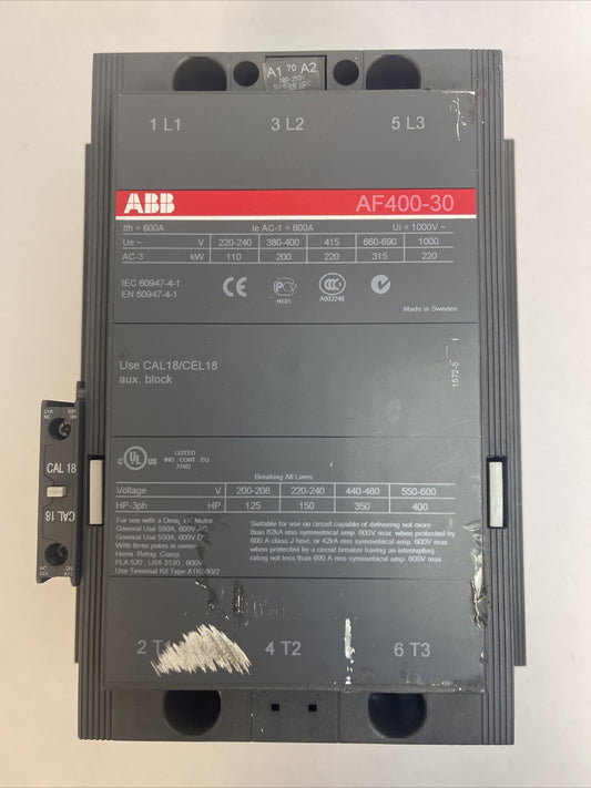ABB AF400-30 CONTACTOR 600V 400HP 3PH 3POLE 550A COIL 100-250VDC