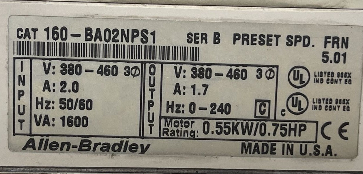 ALLEN BRADLEY 160-BA02NPS1 SER B FRN 5.01 SPEED CONTROLLER OUTPUT 380-460V 1.7A