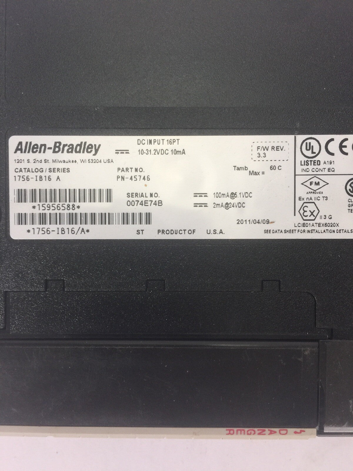 ALLEN BRADLEY 1756-IB16 DC INPUT 16PT 10-31.2VDC 10mA SER A F/W REV. 3.3