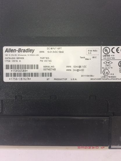 ALLEN BRADLEY 1756-IB16 DC INPUT 16PT 10-31.2VDC 10mA SER A F/W REV. 3.3