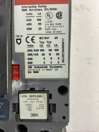 GE SELA36AT0030 CIRCUIT BREAKER 30AMP 3POLE 600VAC SRPE30A30 TRIP PLUG 30A