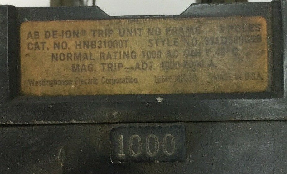 WESTINGHOUSE HNB31000T TRIP UNIT 1000AMP 3POLE 371D589G28