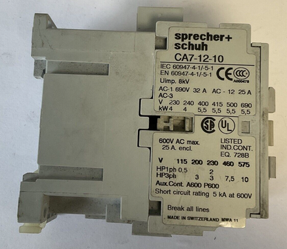 SPRECHER+SCHUH CA7-12-10 CONTACTOR 600VAC 25A
